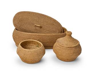177
A group of Paiute baskets
Early/ mid-20th century; Great Basin
Three coiled works comprising an oval single rod lidded basket with geometric banding (4" H x 10" W x 5" D), a smaller round lidded basket, (5" H x 4.75" Dia.), and a round basketry bowl (2.875" H x 4.5" Dia.)
5 pieces
Estimate: $100 - $200