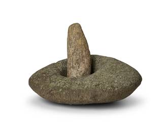 342
A large stone mortar and pestle
Pre-historic or later
The oval mortar with an off-center hole and an elongated pestle of a different stone
5.25" H x 15.5" W x 12" D; Pestle: 9.5" L x 3.5" W x 2.75" D
Estimate: $200 - $400