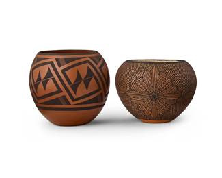 347
Two Southwest Pueblo pottery vessels
Two works:

Calvin Analla, Jr. (b. 1960, Laguna Pueblo)
A black on red jar, 2016
Signed and dated to underside: C. Analla, Jr. / Paguate, N. Mex. / Pueblo of Laguna / 16
A bulbous form jar with a wide band of interlocking trapezoids
4.625" H x 5.25" Dia.

M. Sanchez (b. 20th century, Acoma Pueblo)
A black on red jar, mid/late 20th century
Signed to underside: M. Sanchez / Acoma, N. Mex.
A tapered jar with fine line floral medallions and overall fine line hatched design
4" H x 5.25" Dia.

2 pieces
Estimate: $500 - $700