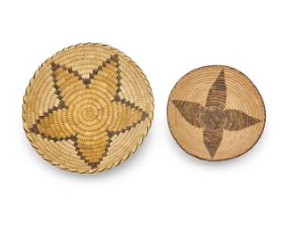 206
Two Papago baskets
Early/mid-20th century, Tohono O'odham; Southwest United States
Comprising a large polychrome coiled tray with floral star motif to center (3.25" H x 14" Dia.), and a flared small coiled tray with central floral star and contrast rim (3.25" H x 10.25" Dia.)
2 pieces
Estimate: $200 - $300