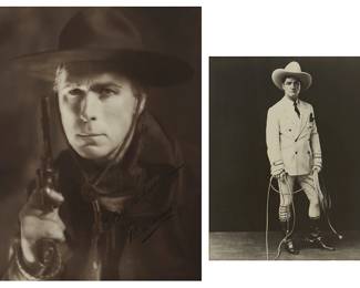 238
Two 20th century Western photographs
Two works:

Western portrait of William S. Hart
Photograph on paper
Signed and inscribed in ink lower right: "To Bill Richardson / From Bill Hart"
Sight: 13" H x 10" W

Western portrait of Tom Mix holding his rope
Photograph on paper
Unsigned
Sight: 9.5" H x 7.5" W
Estimate: $100 - $200