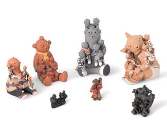 349
A group of Southwest Pueblo mudhead pottery storytellers
Late 20th/21st century
Six signed to underside
Seven works comprising five polychrome slip-glazed ceramic and two blackware ceramic mudhead figures, each with multiple applied figures, by various artists including Stella Teller, Isleta Pueblo, Judy Toya (Waquie), Jemez Pueblo, and Tony Dallas, Hopi Pueblo, as well as Cleo Teissedre
7 pieces
Largest: 8.5" H x 5.5" W x 5.5" D; Smallest: 1.75" H x 1.75" W x 3" D
Estimate: $500 - $700