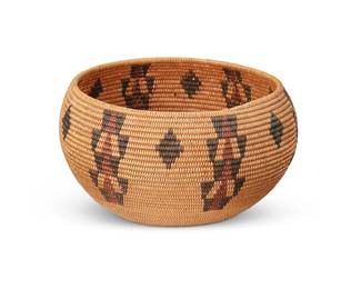 164
A polychrome Washoe basketry bowl
Early/mid-20th century; Northern California/Nevada
The coiled globular bowl with six panels of stacked geometric shapes alternating with single diamonds
4.5" H x 8" Dia.
Estimate: $2,000 - $3,000