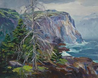 134
Emil Bisttram
(1895-1976)
"White Head, Maine," 1925
Oil on canvas
Signed and dated lower right: Bisttram 25; signed again and titled in pencil on the upper portion of the stretcher; inscribed, titled, and dated again, all in another hand on a label affixed to the stretcher
18" H x 24" W
Estimate: $2,000 - $3,000