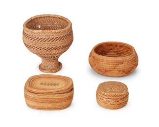 208
A group of Native American baskets
Early/mid-20th century
Four works comprising a small California Mission coiled basketry bowl with stepped geometric motifs (3" H x 6.25" Dia.), a small goblet-form openwork twined basket (6.25" H x 6.25" Dia.), and two small polychrome Northwest Coast twined lidded baskets with geometric banding, one oval (2.5" H x 5.25" W x 4" D) and one round (1.874" H x 3.5" Dia.)
6 pieces (including lids)
Estimate: $300 - $500