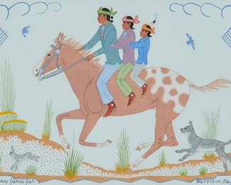 25
Harrison (Haskay Yahne Yah) Begay
(1917-2012, Navajo/Diné)
Three riders on horseback
Gouache on paper
Signed lower left and right: Haskay Yahne Yah / Harrison Begay
Sight: 9.375" H x 13" W
Estimate: $500 - $700