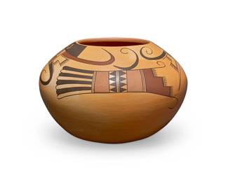 184
Jacob Koopee (1970-2011, Hopi-Tewa)
A polychrome pottery jar, early 21st century
With artist's kokopelli cipher to underside and signed: Koopee
The four-color jar with red, ochre, and brown banded geometric motifs to shoulder on a yellow ground
4.125" H x 6.25" Dia.
Estimate: $600 - $800