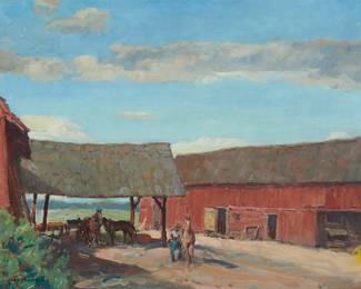 93
Carl Oscar Borg
(1879-1947)
"Saddling Up"
Oil on canvas
Signed lower left: Carl Oscar Borg; titled on a label affixed to the backing board
16" H x 20" W
Estimate: $4,000 - $6,000