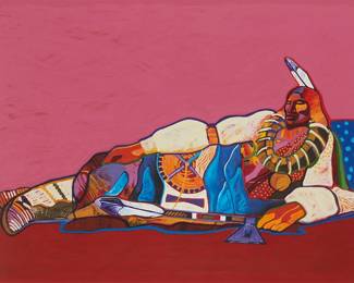 33
Dan Namingha
(b. 1950, Hopi-Tewa)
"Hopi Eagle Dance"
Lithograph in colors on paper
Edition: 84/150
Signed, titled, and numbered in pencil in the lower margin: Dan Namingha; JK Fine Art Editions Co., New York, NY, pub., and with their blindstamp in the lower left margin corner
Image: 29" H x 23.25" W; Sight: 33" H x 26" W
Estimate: $200 - $400