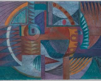 37
Margarete Bagshaw-Tindel
(1964-2015, Tewa)
"O-je gi povi," 1995
Mixed media on paper
Signed, titled, dated, and with the artist's copyright, all in pencil in the lower right corner: Margarite Bagshaw-Tindel / 95©
22" H x 30" W
Estimate: $800 - $1,200
