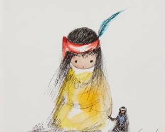30
Ted DeGrazia
(1909-1982)
Child with doll, 1973
Watercolor and ink on paper
Signed, dated, and inscribed in ink along the lower edge: Ted DeGrazia / 1973 / "A Midnight Sketch 4AM"
Sight: 6" H x 6.75" W
Estimate: $800 - $1,200