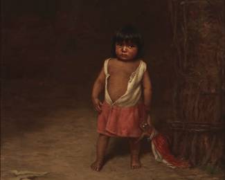 90
Grace Carpenter Hudson
(1865-1937)
Angel's Child with Pomo Doll, 1914
Oil on canvas
Signed and dated lower right: © / G Hudson / 1914; signed again, inscribed, and numbered, all verso: "Ukiah, Cal / 453;" titled and dated from the literature reference cited below
19" H x 16" W
Estimate: $12,000 - $18,000