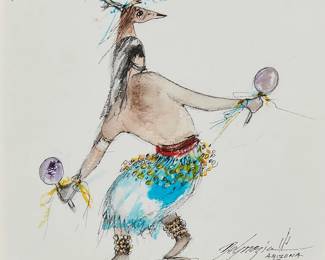 29
Ted DeGrazia
(1909-1982)
A man holding rattles, 1973
Watercolor and ink on paper
Signed, dated, and inscribed in ink along the lower edge: DeGrazia / 1973 / "Arizona" / "A Midnight Sketch 4AM"
Sight: 6" H x 6.75" W
Estimate: $800 - $1,200