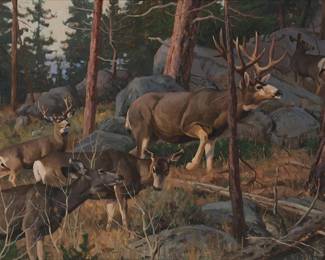 140
David Charles Wade
(1952-2019)
"In the Trees"
Oil on Masonite
Signed lower center: Wade; titled by repute
30" H x 40" W
Estimate: $3,000 - $5,000