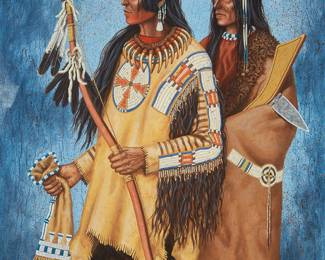 47
Paul Surber
(b. 1942)
Two Native American figures
Oil on canvas
Signed lower right: Paul Surber
60" H x 48" W
Estimate: $1,000 - $1,500