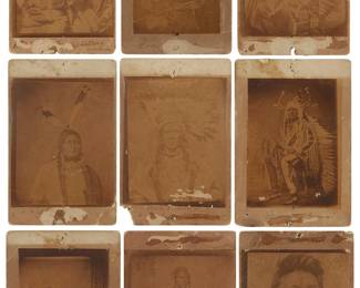 213
David F. Berry (1854-1934)
Nine portrait photographs of Native Americans mounted to thin paperboard; all except one work with the title in ink in the upper or lower edge of the paperboard, presumably in another hand; seven works with the title again and an inscription in ink on the verso, presumably in another hand; 9 pieces
Photograph of largest: 5" H x 4" W; Paperboard: 6.5" H x 4.25" W
Estimate: $700 - $900