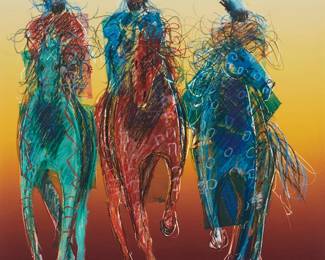 36
Raymond Nordwall
(b. 1965, Pawnee and Ojibwe)
"Returning of the Blackfeet Chiefs"
Mixed media on paper
Signed and titled in the lower edge: Nordwall
Image: 33" H x 22.5" W; Sight: 33.75" H x 23" W
Estimate: $500 - $700