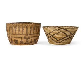 202
Two Southwest baskets
Early 20th century, Akimel O'odham & Tohono O'odham; Southwest United States
Comprising a tall Pima/Akimel O'odham high-sided coiled basket with two bands of interlocking triangular motifs, possibly feathers, and a band of ticking below the rim (6.75" H x 11" Dia.), and a Papago/Tohono O'odham coiled flared bowl with rim ticking and a wide band of interlocking diamonds (5.5" H x 11.5" Dia.)
2 pieces
Estimate: $100 - $200