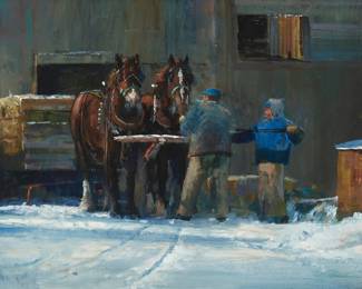 115
Gil Dellinger
(b. 1942)
"Feeding his Herd," 2008
Oil on Masonite
Signed lower right: Dellinger; titled and dated on a label affixed to the frame's verso
18" H x 24" W
Estimate: $600 - $800