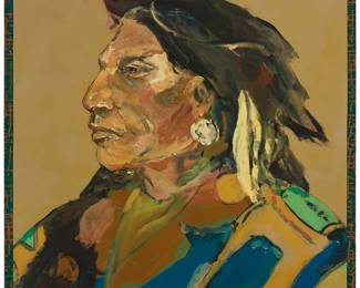 48
Ira Yeager
(1938-2022)
Portrait of a Native American man with a black bird
Oil on canvas
Signed lower right: Ira Yeager
48" H x 48" W
Estimate: $8,000 - $12,000
