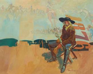 109
Gary Carter
(b. 1939)
"Iron Backside (Custer)," 1971
Oil on Masonite
Signed and with the artist's device lower right: Gary Carter, inscribed "1876" as part of the composition; signed again, titled, dated, and with the artist's copyright, all verso: 1971
24" H x 36" W
Estimate: $5,000 - $7,000