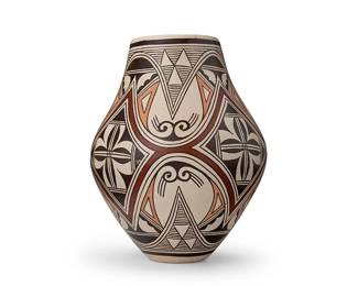 181
Helen "Featherwoman" Naha (1922-1993, Hopi-Tewa)
A polychrome pottery jar, late 20th century
With partial artist's feather cipher to underside
The four-colored jar with red, orange, and black geometric, cloud, and avian motifs on a cream slip ground
8.25" H x 6.5" Dia.
Estimate: $500 - $700