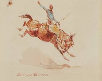 100
Edward Borein
(1872-1945)
Bucking bronco
Watercolor with traces of graphite on board
Signed lower left: Edward Borein
6" H x 6.25" W
Estimate: $4,000 - $6,000