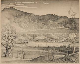 155
Duard Marshall
(1914-2010)
"Through the Valley," 1945
Lithograph on paper
From the edition of 10
Signed, titled, dated, and inscribed in pencil in the lower margin: Duard Marshall 1945 / "10 prints"
Image: 13.5" H x 17" W; Sight: 14.25" H x 17.5" W
Estimate: $500 - $700