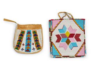 293
Two Plateau double-faced beaded bags
Mid-20th century; Northwest United States/Canada
Comprising a two-sided multicolored rectangular gusseted bag, one side with a sectioned star motif in beads of blue, pink, red, and yellow on a white field, the opposite side with pointed geometric motifs in red, orange, and green on a white field, each side with beaded edging and with two hide handles, as well as a smaller rounded multicolored two-sided beaded bag pouch with stacked triangle columns and floating crosses to one side, and floriform and heart motifs to the opposite face; each bag lined in printed cotton fabric, the smallest with a zip closure
2 pieces
Larger: 10.5" H x 9.25" W; Smaller: 8" H x 7.5" W
Estimate: $500 - $700