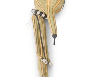 195
Attributed to Clark Tenakhongva
(b. 1957, Hopi-Third Mesa-Hoat'Ve'La)
A Patun Squash katsina
Polychrome painted cottonwood and squash gourd
In green and yellow stripes, with squash flower to top and striped neck band, unsigned
18" H x 4.5" W x 5.5" D
Estimate: $200 - $400