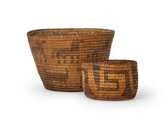 201
Two Southwest baskets
Mid-20th century, Tohono O'odham & Akimel O'odham; Southwest United States
Comprising a Papago coiled flared pictorial basket with two bands of horse motifs (5" H x 7.5" Dia.), as well as a small coiled Pima basket with overall stepped motif banding (2.75" H x 4.25" Dia.)
2 pieces
Estimate: $200 - $400
