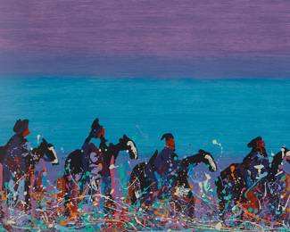 35
Pablo Antonio Milan
(1961-2017)
"Four Riders"
Screenprint in colors on wove paper
Edition: An artist's proof, aside from the edition of 135
Signed and inscribed in white pencil in the lower edge: Pablo Antonio Milan / "AP"
Image/Sheet: 22" H x 30" W
Estimate: $200 - $400