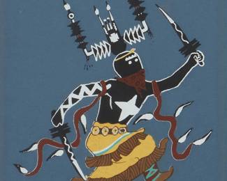26
Allan Houser
(1914-1994, Chiricahua Apache)
"Gan Dancer"
Screenprint in colors on blue paper
From the edition of unknown size and date
Signed lower left: Allan Houser ©
Sight: 6" H x 5.375" W
Estimate: $200 - $400