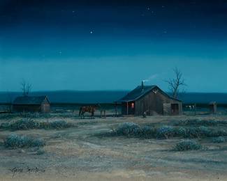 107
Gene Speck
(b. 1937)
"Twilight," 2008
Oil on Masonite
Signed and dated lower left: Gene Speck 08; titled on a piece of white tape affixed verso
11" H x 14" W
Estimate: $1,000 - $1,500