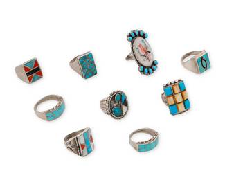 330
A group of Southwest silver and set stone rings
Mid/late 20th century
Variously marked for maker and for sterling
Comprising nine rings in various sizes and styles, including row-set turquoise and turquoise and multistone channel inlay, by various makers including Lloyd and Jennie Salvador (Zuni), Alfred Joe (Navajo/Diné), and Marie Kee (Navajo/Diné)
9 pieces
Ring sizes: 12.5 to 7.25
112.4 grams gross
Estimate: $300 - $500