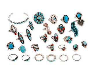 332
A group of Southwest silver and stone-set jewelry
Mid/late 20th century
Eight variously marked for maker and/or for sterling
Comprising twenty-five rings in various sizes and styles, including row-set turquoise and multistone inlay, by various makers including Lloyd and Jennie Salvador (Zuni); Wilson Blackgoat (Navajo/Diné), and Zeno and Mary Edaakie (Zuni), as well as a narrow row-set turquoise and silver cuff bracelet and a pair of set turquoise ear clips
28 pieces
Ring sizes: 9.25 to 6; Cuff: 6.25" total inner C x 0.1875" H; Earrings: 0.625" H
135.2 grams gross
Estimate: $500 - $700