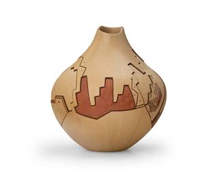 128
Loren Hamilton Nampeyo (b. 1961, Hopi-Tewa)
A polychrome pottery jar, late 20th/early 21st century
Incised signature and artist's corn cipher to underside: Loren H. Nampeyo
With deeply incised and polychrome kivas, Tawa sun face, and katsina figure, all on a white slip ground
6.5" H x 6" Dia.
Estimate: $200 - $400