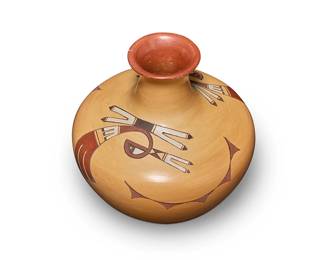 126
Camille Hisi Quotskuyva Nampeyo (b. 1964, Hopi-Tewa)
A polychrome pottery jar, 1995
Signed and dated, with artist's corn cipher to underside: Hisi Nampeyo / 8-95
The four-color jar with flared neck and wide shoulder, decorated with red, brown, and white stylized avian motifs on a cream slip ground
4.25" H x 4.125" Dia.
Estimate: $400 - $600