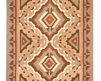 68
A Rita Charley Navajo Two Grey Hills rug
Rita Charley (b. 20th century, Diné)
Late 20th century
Woven in cream, tan, variegated brown, light brown, dark brown, and russet wool, with a conjoined double diamond motif and stepped triangular border
80" H x 53" W
Estimate: $600 - $900