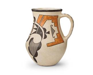 281
Anita Lowden (1930-1970, Acoma Pueblo)
A polychrome pottery pitcher, mid/late 20th century
Signed to underside: Anita Lowden / Acoma / New Mexico / 1-22
The tall handled pitcher with polychrome stylized bird and geometric motifs and black band to rim
6.5" H x 5" Dia.
Estimate: $300 - $500
