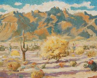 112
Cecil Broadhurst
(1903-1981)
"Arivaca, Arizona"
Oil on board
Signed and titled lower right: Cecil Broadhurst
16" H x 20" W
Estimate: $400 - $600