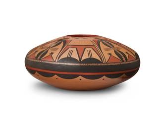 187
Stetson Setalla (b. 1962, Hopi-Tewa)
A polychrome pottery bowl, early 21st century
Signed with artist's raincloud motif: S. Setalla
The three-color bowl with red and black raincloud motifs
4.625" H x 10.625" Dia.
Estimate: $500 - $700