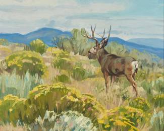 145
Terri Kelly Moyers
(b. 1954)
"On the Slopes of Mount Blanca" (Colorado), 2003
Oil on Masonite
With the incised signature, date, and inscription lower right: Terri Kelly Moyers © / "Trinchera" 2003; signed and dated again, titled, and with the artist's copyright, all verso
16" H x 16" W
Estimate: $2,000 - $3,000