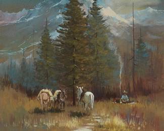 114
Robert B. Wagoner
(1928-2017)
Cowboy and horses at rest in a Western landscape, 1977
Gouache on paper
Signed and dated in pencil along the lower edge: Robert B. Wagoner / © - '77
Sight: 13.75" H x 10.75" W
Estimate: $500 - $700