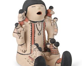 269
Helen Cordero (1915-1994, Cochiti Pueblo)
A polychrome slip-glazed pottery storyteller, mid/late 20th century
Signed to underside: Helen Cordero / Cochiti, N Mex.
With multiple figures perched on shoulders, legs, and back
10.5" H x 8.25" W x 9.5" D
Estimate: $1,000 - $2,000