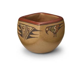 276
Lela & Luther Gutierrez (1895-1966 & 1911-1987, Santa Clara Pueblo)
A diminutive polychrome jar, mid-20th century
Signed and inscribed to underside: Lela / Luther / Sta. Clara Pue.
The vessel with square rim, depicting alternating bird figures and geometric motifs
2.5" H x 3.5" Dia.
Estimate: $200 - $400