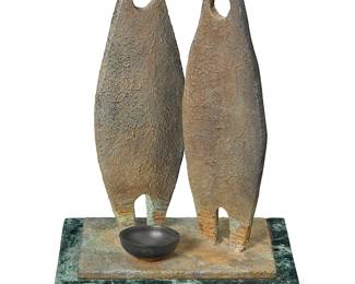 261
Robert Rivera
(20th century)
Hopi water bearers, 2001
Cold-painted bronze on marble plinth
Signed, dated, and illegibly inscribed in gold ink to marble plinth
Overall: 16" H x 11.5" W x 9" D
Estimate: $300 - $500
