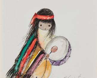 31
Ted DeGrazia
(1909-1982)
Drummer boy, 1973
Watercolor and ink on paper
Signed, dated, and inscribed in ink along the lower edge: DeGrazia / 1973 / "Arizona" / "A Midnight Sketch 1AM"
Sight: 6" H x 6.75" W
Estimate: $800 - $1,200