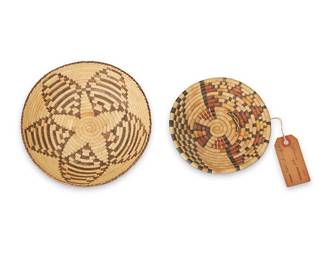 204
Two Southwest baskets
Two works:

Attributed to Helen Lomahaftewa (1888-1956, Hopi)
Early/mid-20th century
A small polychrome Hopi coiled pictorial basketry plaque with central Shalako Mana katsina figure
1.5" H x 5.5" Dia.

A small Pima basketry bowl
Mid-20th century, Akimel O'odham; Southwest United States
A coiled low bowl with light and dark striped double star motifs to center
1.75" H x 7" Dia.

2 pieces
Estimate: $100 - $200