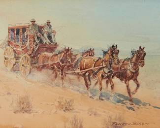 98
Edward Borein
(1872-1945)
Stagecoach
Watercolor on sturdy paper
Signed lower right: Edward Borein
Sheet: 7.625" H x 10.125" W
Estimate: $10,000 - $15,000